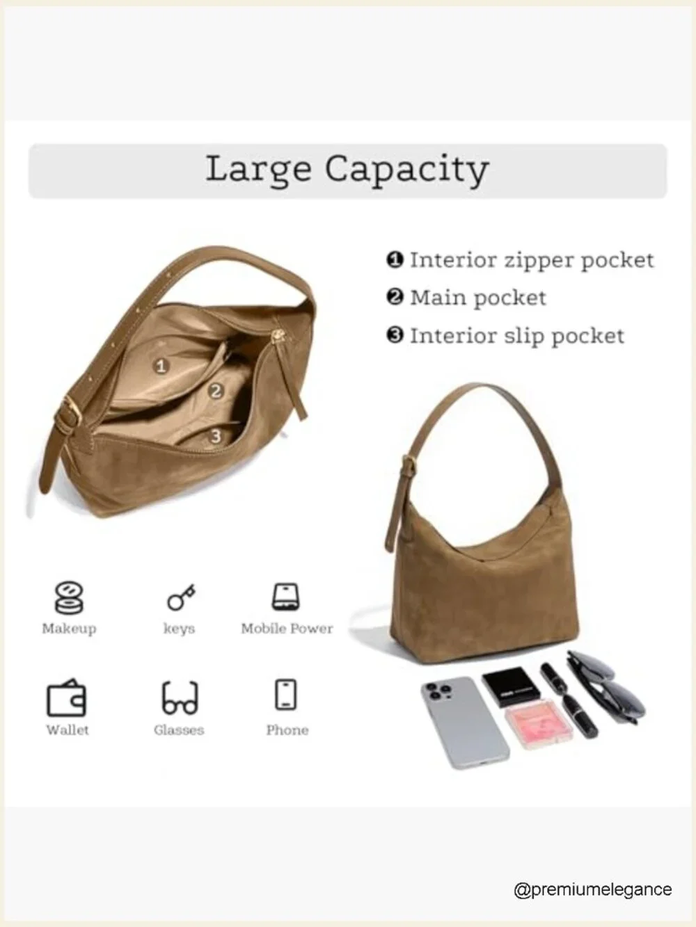 Faux Suede Hobo Bag w/ 2 Adjustable Straps Medium Lightweight Crossbody